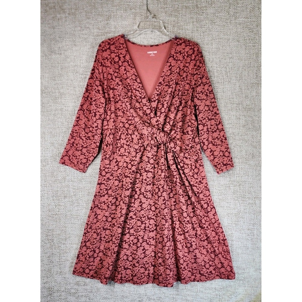 Lands End Stretch Knit Floral Midi Dress Womens 1X Red Pink 3/4 Sleeve